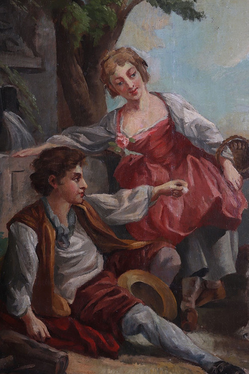 Large 18th century painting, 116 cm, romantic country scene with little dog, French School