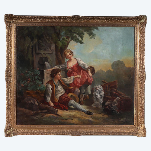 Large 18th century painting, 116 cm, romantic country scene with little dog, French School