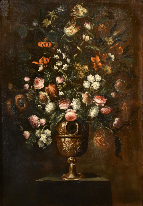 Andrea Scacciati (florence 1642-1710)  Composition Of Flowers Within Embossed Vase  (3 Of 3)