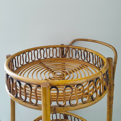 1960s Gorgeous Bamboo & Rattan Serving Bar Cart Trolley by Franco Albini. Made in Italy