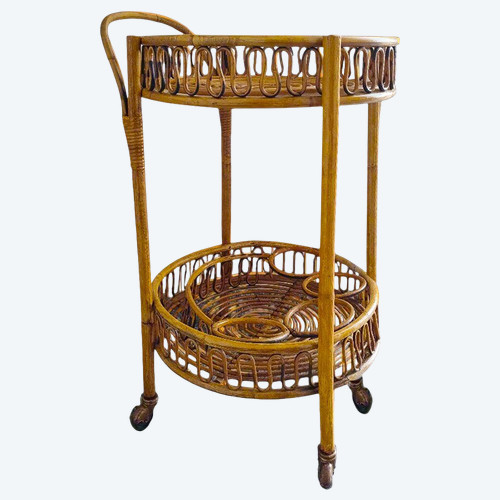 1960s Gorgeous Bamboo & Rattan Serving Bar Cart Trolley by Franco Albini. Made in Italy
