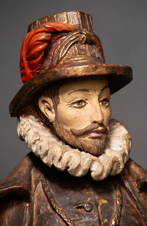 Statue Polychrome en Bois, Noble de la Cour Royale Française, XIXᵉ Siècle