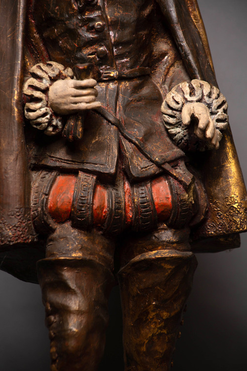 Statue Polychrome en Bois, Noble de la Cour Royale Française, XIXᵉ Siècle