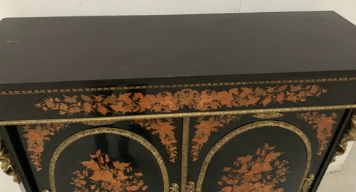 Meuble Napoléon III en bois noir et marqueterie de bois clair XIX siècle