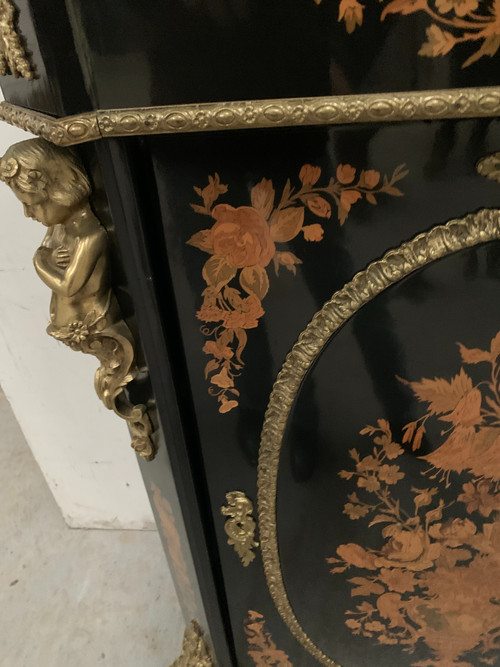Meuble Napoléon III en bois noir et marqueterie de bois clair XIX siècle