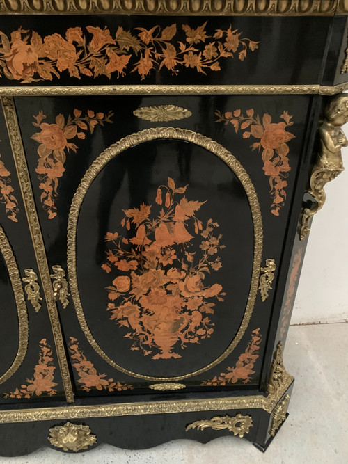 Meuble Napoléon III en bois noir et marqueterie de bois clair XIX siècle