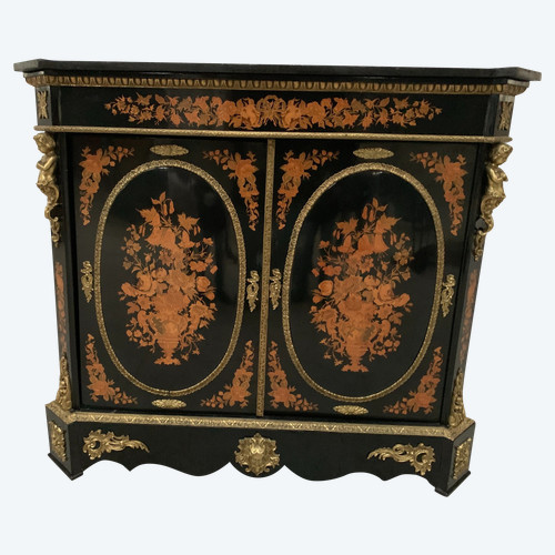 Meuble Napoléon III en bois noir et marqueterie de bois clair XIX siècle