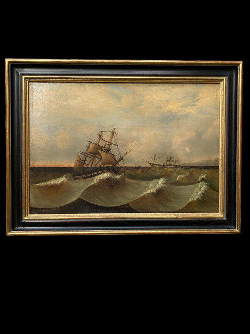 Large 19th century marine, signed and dated 1845, sailing ship, Pyroscaphe, 3 masts, storm...