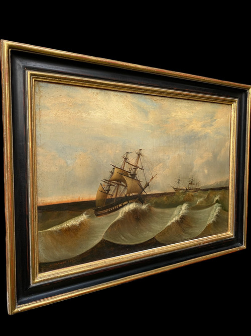 Large 19th century marine, signed and dated 1845, sailing ship, Pyroscaphe, 3 masts, storm...