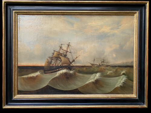 Large 19th century marine, signed and dated 1845, sailing ship, Pyroscaphe, 3 masts, storm...