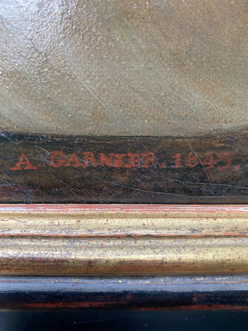 Large 19th century marine, signed and dated 1845, sailing ship, Pyroscaphe, 3 masts, storm...