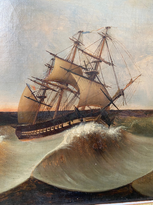 Large 19th century marine, signed and dated 1845, sailing ship, Pyroscaphe, 3 masts, storm...