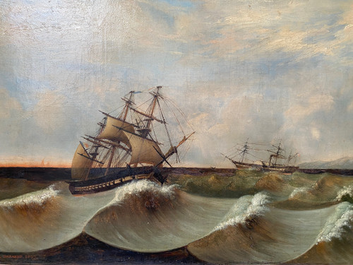 Large 19th century marine, signed and dated 1845, sailing ship, Pyroscaphe, 3 masts, storm...