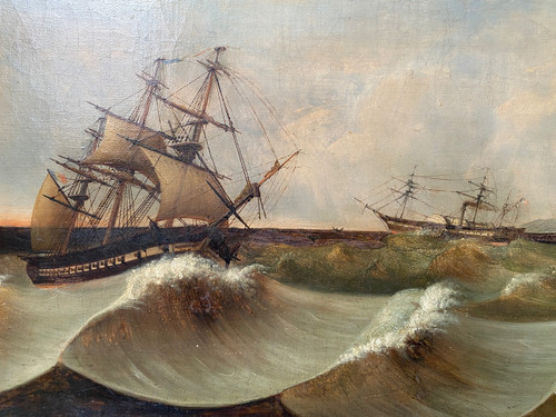 Large 19th century marine, signed and dated 1845, sailing ship, Pyroscaphe, 3 masts, storm...