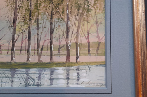 les peupliers aquarelle signée en bas à droite illisigle