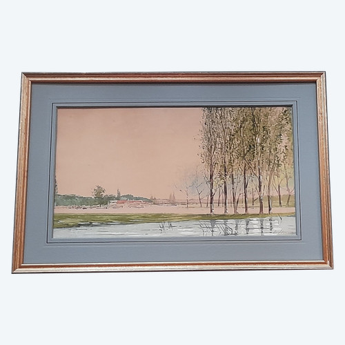 les peupliers aquarelle signée en bas à droite illisigle