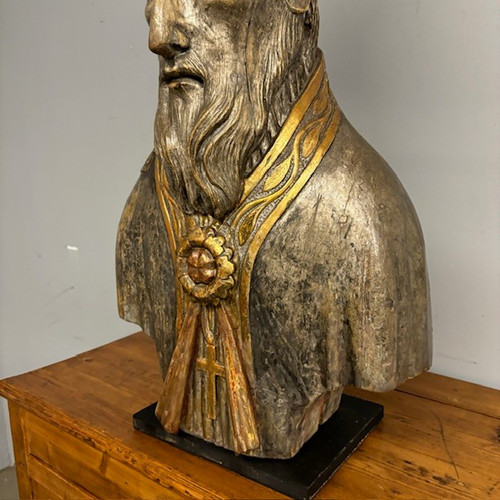 Antico grande busto scultura  San Nicola XVII sec argento e doratura a mecca . Mis 102 x 53 