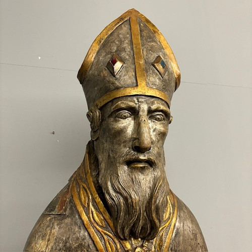 Antico grande busto scultura  San Nicola XVII sec argento e doratura a mecca . Mis 102 x 53 