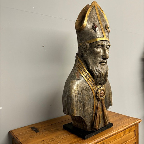 Antico grande busto scultura  San Nicola XVII sec argento e doratura a mecca . Mis 102 x 53 