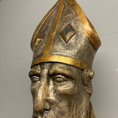 Antico grande busto scultura  San Nicola XVII sec argento e doratura a mecca . Mis 102 x 53 