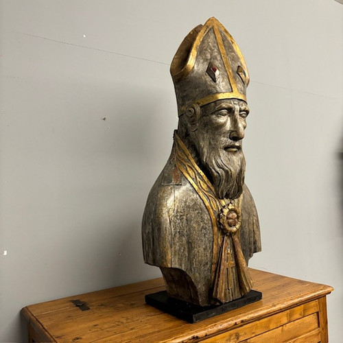 Antico grande busto scultura  San Nicola XVII sec argento e doratura a mecca . Mis 102 x 53 