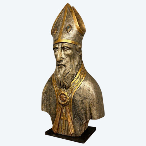 Antico grande busto scultura  San Nicola XVII sec argento e doratura a mecca . Mis 102 x 53 