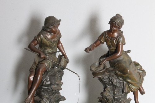 Pair of late 19th century Auguste Moreau sculptures in antimony patinated Fisherman and Peasant Girl . Mis h 46