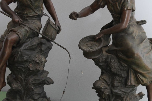 Pair of late 19th century Auguste Moreau sculptures in antimony patinated Fisherman and Peasant Girl . Mis h 46