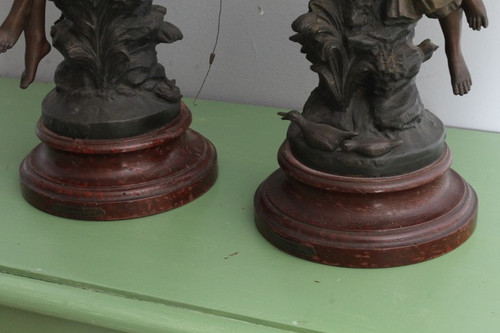 Pair of late 19th century Auguste Moreau sculptures in antimony patinated Fisherman and Peasant Girl . Mis h 46