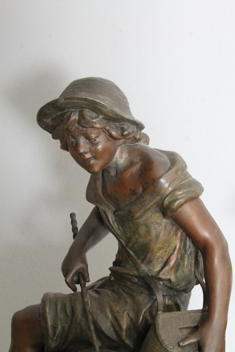 Pair of late 19th century Auguste Moreau sculptures in antimony patinated Fisherman and Peasant Girl . Mis h 46