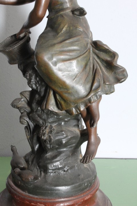 Pair of late 19th century Auguste Moreau sculptures in antimony patinated Fisherman and Peasant Girl . Mis h 46