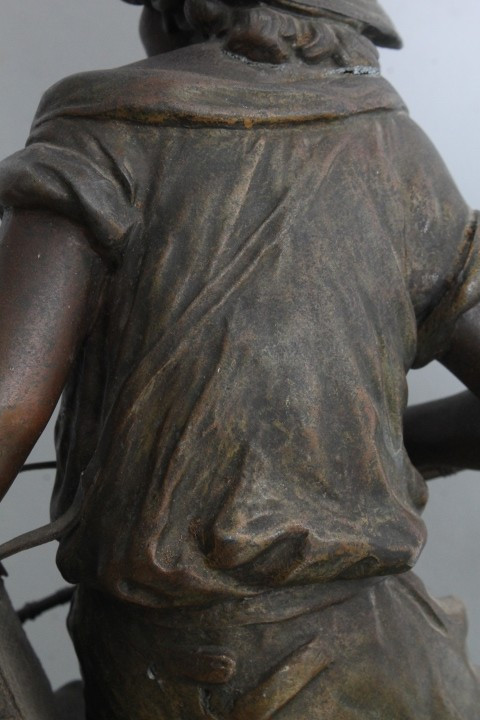 Pair of late 19th century Auguste Moreau sculptures in antimony patinated Fisherman and Peasant Girl . Mis h 46