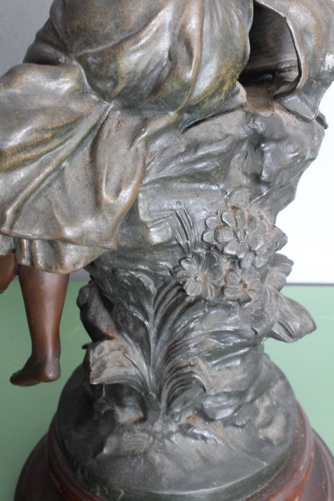 Pair of late 19th century Auguste Moreau sculptures in antimony patinated Fisherman and Peasant Girl . Mis h 46