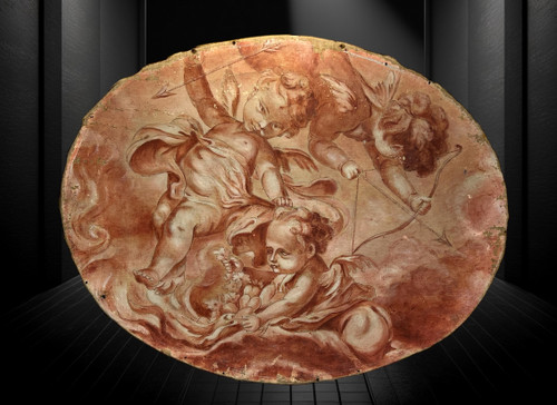 OIL ON CANVAS OVAL WOOD PANELING CHERUBS PLAYING WITH A BOW