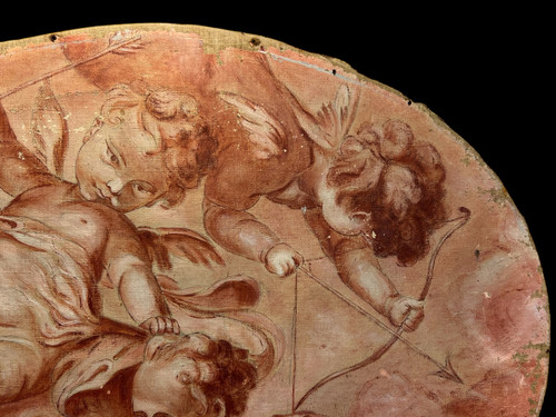 OIL ON CANVAS OVAL WOOD PANELING CHERUBS PLAYING WITH A BOW