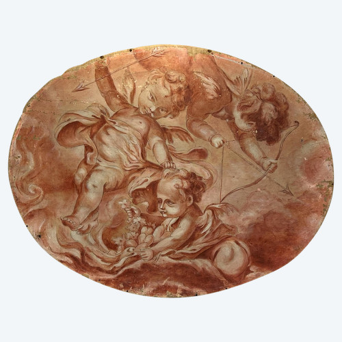 OIL ON CANVAS OVAL WOOD PANELING CHERUBS PLAYING WITH A BOW