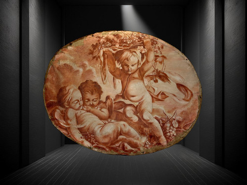 OIL ON OVAL WOOD PANELING DECORATED WITH CHERUBS CARRYING A FRUIT BOWL