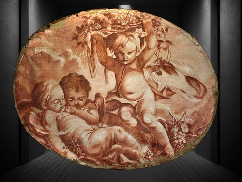 OIL ON OVAL WOOD PANELING DECORATED WITH CHERUBS CARRYING A FRUIT BOWL