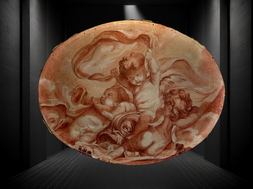 OLIO SU TELA OVALE DECORATO CON PUTTI CHE GIOCANO CON UNA SCIARPA