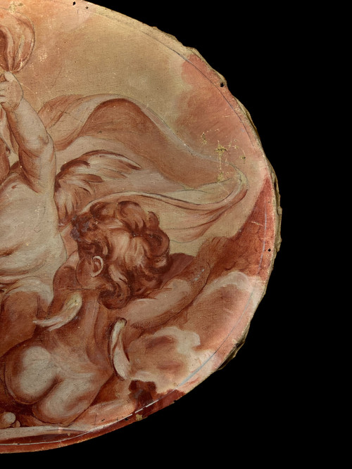 OLIO SU TELA OVALE DECORATO CON PUTTI CHE GIOCANO CON UNA SCIARPA