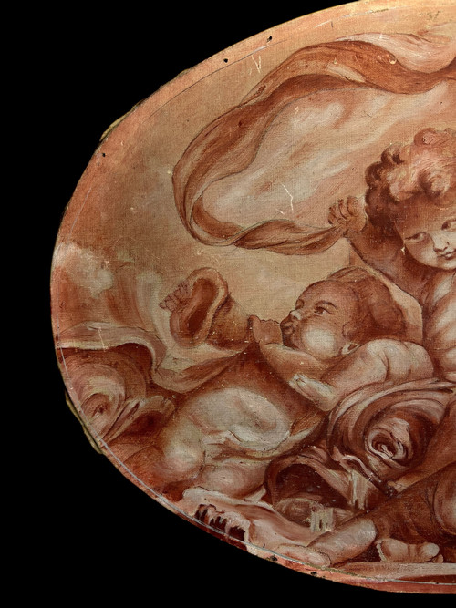 OLIO SU TELA OVALE DECORATO CON PUTTI CHE GIOCANO CON UNA SCIARPA