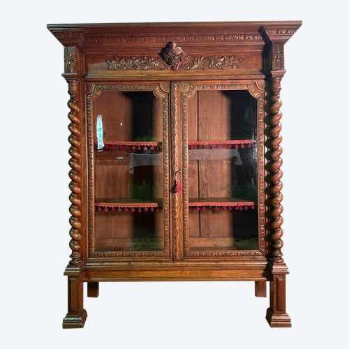 Bibliothèque - Vitrine style Renaissance en chêne massif 