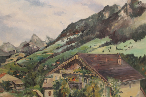 Paesaggio di Vailly presso Thonon-les-Bains Olio su tela del XX secolo firmato Henri Huyard