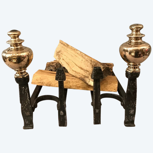 Pair of wrought iron and brass andirons from the late 17th and early 18th centuries