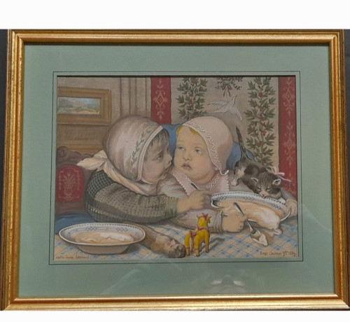 Dessin aquarellé  signé  et daté 