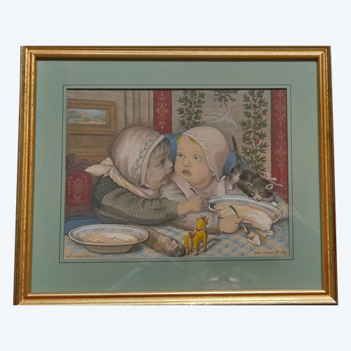 Dessin aquarellé  signé  et daté 