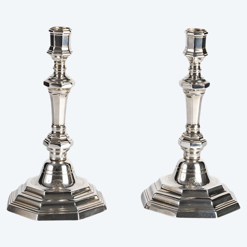 Pair of silver-plated bronze torches with crowned ‘C’ and county coat of arms, Louis XV period