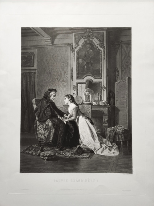 Genre Scene Engraving Etching After Compte-calix Great Mother Old Print 19th Century