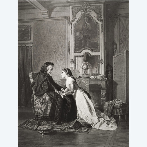 Genre Scene Engraving Etching After Compte-calix Great Mother Old Print 19th Century