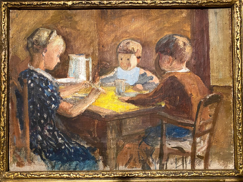 Jeanne Champillou. Das Mittagessen der Kinder. Öl auf gerahmter Leinwand. Anfang des 20. Jahrhunderts.